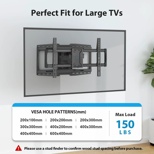 Alt view image 6 of 7 - Full Motion TV Wall Mount Sliding Stud for 70 75 85 86 90 Inch TVs Fit 42-97" TV, Hold 150lbs, Swivel +/-45°, Tilt +5/-15°, Level +/-3°, 19.09" Arm Extension, VESA 600x400mm, Fit 16"/24" Stud
