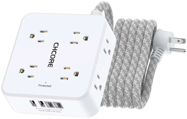 Main image of Surge Protector Power Strip - 10 Ft Braided Extension Cord with 8 Outlets with 4 USB (2 USB C) Charging Ports, Flat Plug Multi Plug Outlet Extender Charging Station for Home Office, ETL, White