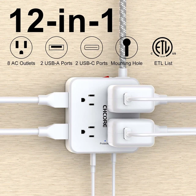 Alt view image 2 of 7 - Surge Protector Power Strip - 10 Ft Braided Extension Cord with 8 Outlets with 4 USB (2 USB C) Charging Ports, Flat Plug Multi Plug Outlet Extender Charging Station for Home Office, ETL, White