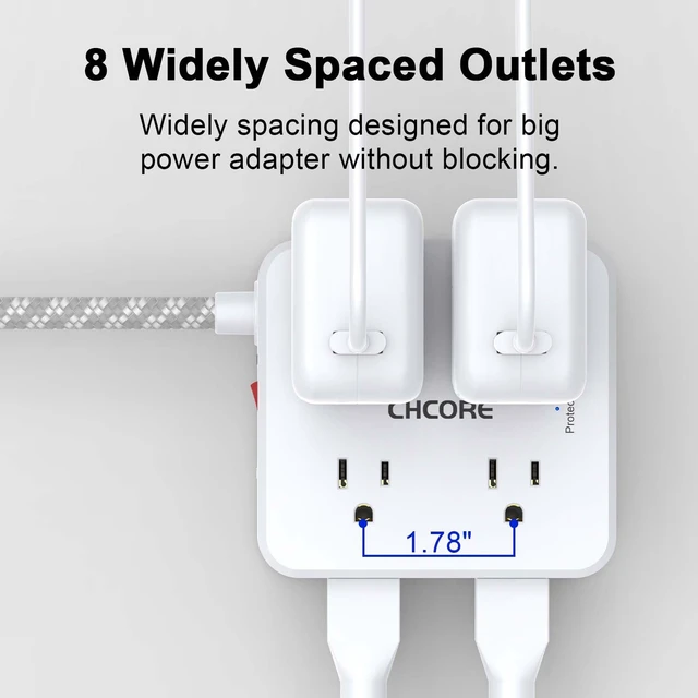 Alt view image 4 of 7 - Surge Protector Power Strip - 10 Ft Braided Extension Cord with 8 Outlets with 4 USB (2 USB C) Charging Ports, Flat Plug Multi Plug Outlet Extender Charging Station for Home Office, ETL, White