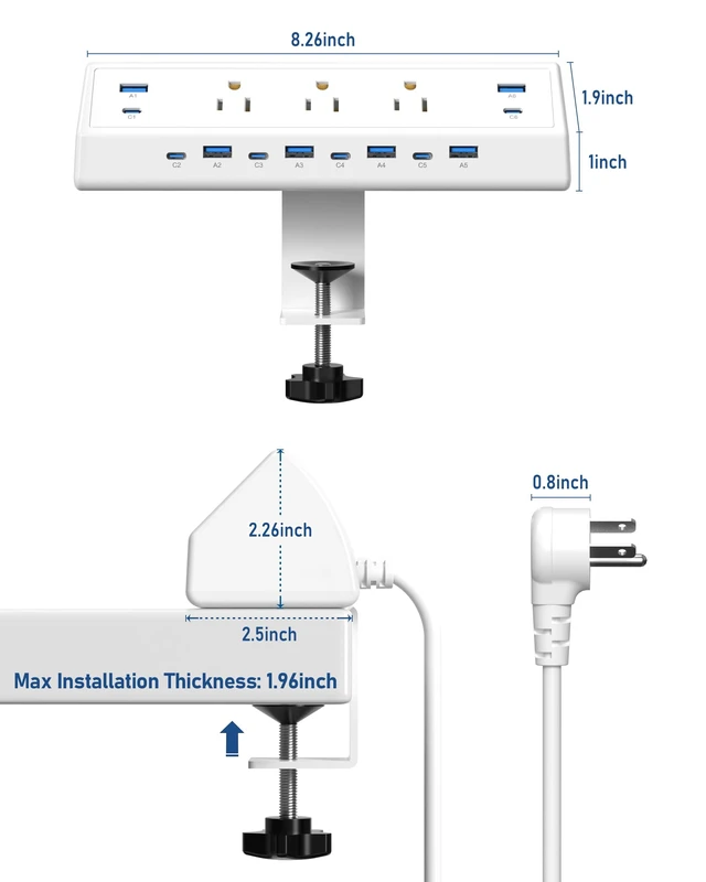 Alt view image 7 of 7 - 130W Desk Clamp Power Strip, 12 USB Ports (6 PD 65W USB-C),Surge Protector,ETL Listed Power Hub Extension Cord,Fast Charging Station for Home Office Desk Edge Mount (White, 12 USB-130W)