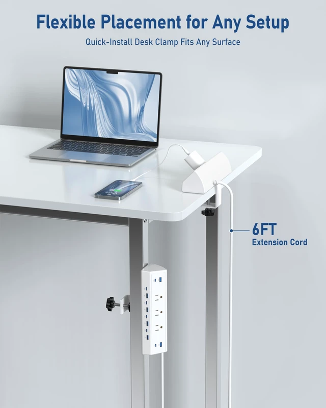 Alt view image 6 of 7 - 130W Desk Clamp Power Strip, 12 USB Ports (6 PD 65W USB-C),Surge Protector,ETL Listed Power Hub Extension Cord,Fast Charging Station for Home Office Desk Edge Mount (White, 12 USB-130W)