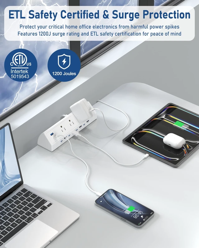 Alt view image 3 of 7 - 130W Desk Clamp Power Strip, 12 USB Ports (6 PD 65W USB-C),Surge Protector,ETL Listed Power Hub Extension Cord,Fast Charging Station for Home Office Desk Edge Mount (White, 12 USB-130W)