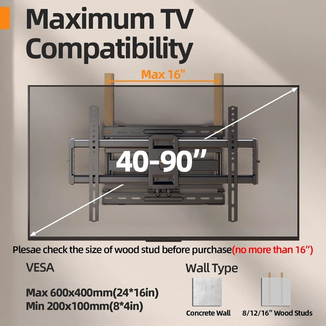 Alt view image 3 of 6 - 75 85 90 inch Full Motion TV Wall Mount for 40-90'' TV Mount, Heavy Duty Adjustable articulating Bracket Tilt Swivel Extension Level, VESA 600x400mm, 16" Studs, 132 lbs for 65 70 75+ TVs