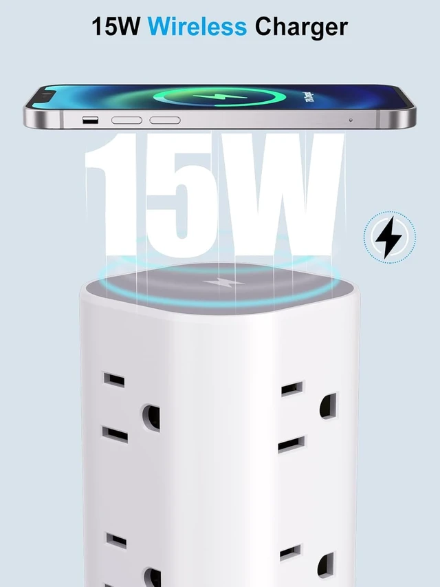 Alt view image 4 of 7 - Power Strip Tower with Wireless Charger,Surge Protector with 12 Outlets 15FT Extension Cord,15W Wireless Charging Power Tower with 4 USB Ports, Flat Plug,1800J Protection for Home Office Dorm,White