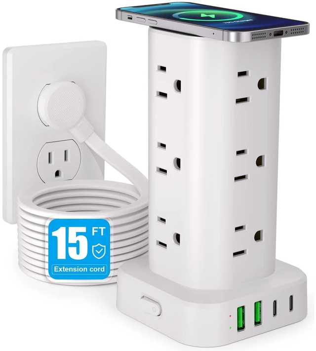 Main image of Power Strip Tower with Wireless Charger,Surge Protector with 12 Outlets 15FT Extension Cord,15W Wireless Charging Power Tower with 4 USB Ports, Flat Plug,1800J Protection for Home Office Dorm,White