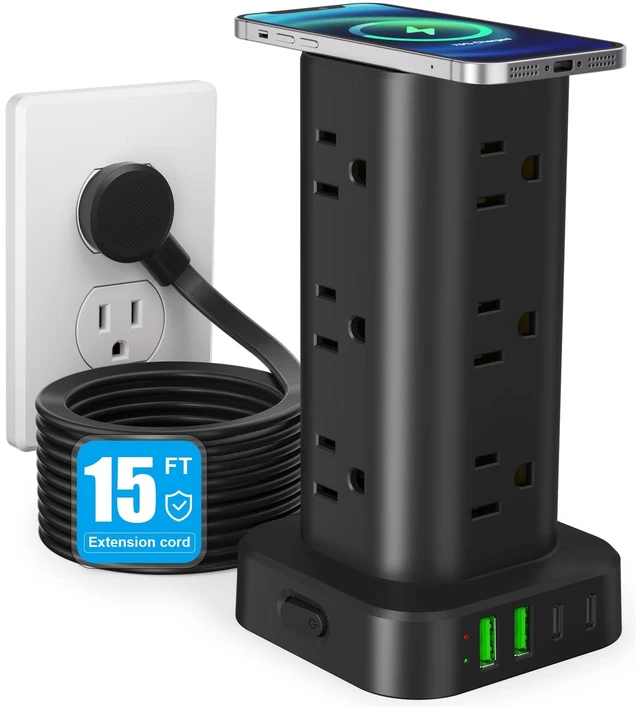 Main image of Power Strip Tower with Wireless Charger,Surge Protector with 12 Outlets 15FT Extension Cord,15W Wireless Charging Power Tower with 4 USB Ports, Flat Plug,1800J Protection for Home Office Dorm,Black