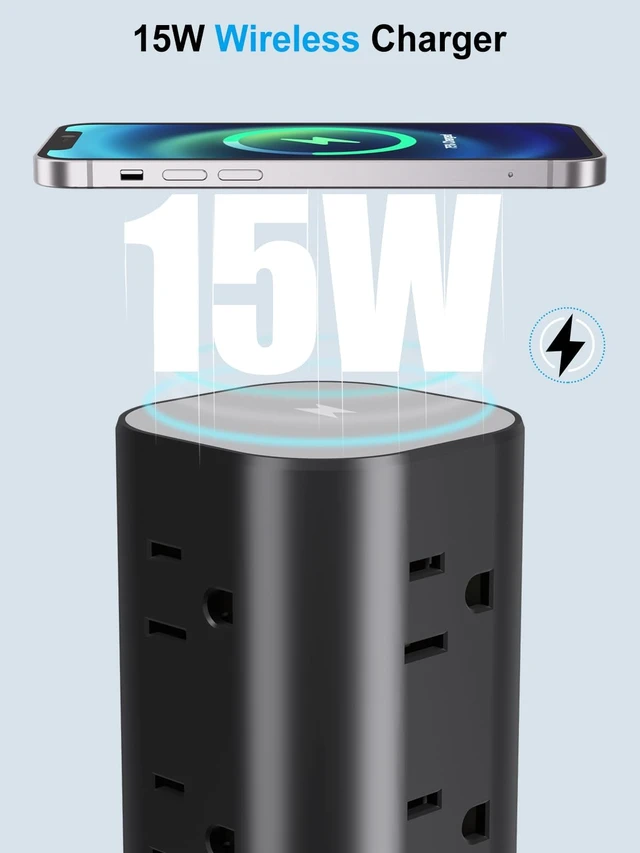 Alt view image 4 of 7 - Power Strip Tower with Wireless Charger,Surge Protector with 12 Outlets 15FT Extension Cord,15W Wireless Charging Power Tower with 4 USB Ports, Flat Plug,1800J Protection for Home Office Dorm,Black