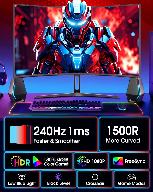 Alt view image 2 of 7 - 27 Inch Curved 240Hz Gaming Monitor FHD 1080P, 1500R Curve Computer Monitor, 130% sRGB, 4000:1 Contrast, HDR, FreeSync, MPRT 1Ms, Low Blue Light, HDMI DP Ports, Metal Stand, Cable Incl