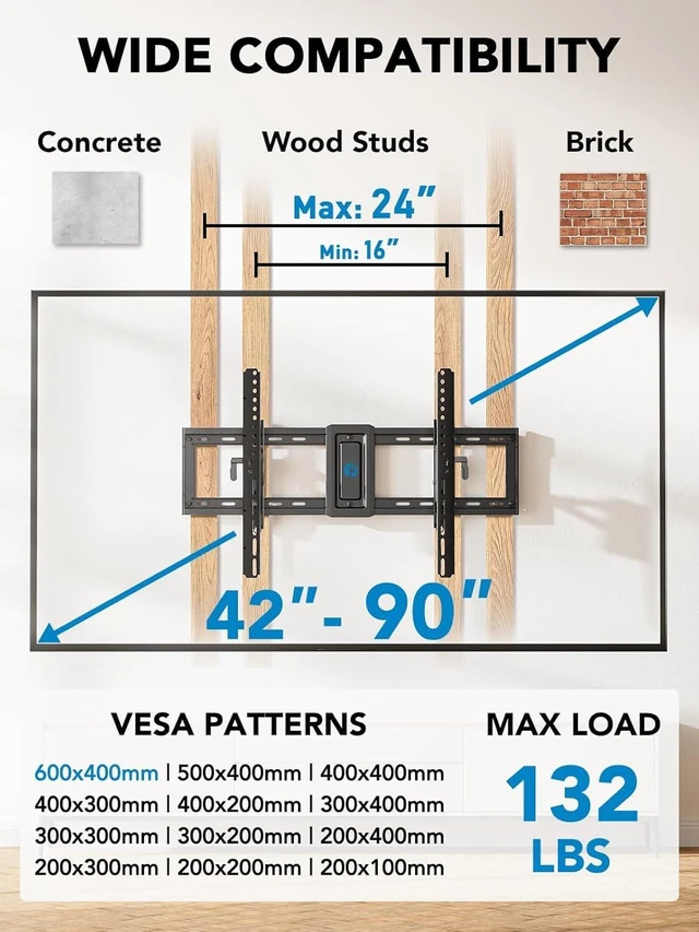 Alt view image 2 of 7 - Advanced Tilt TV Mount for 4290 inch TVs up to 132 lbs TV Mount Bracket with 15° Full Tilt, 6-inch Arm Extension, Slide to Center, 16/18/24 Wood Studs, Max VESA 600x400mm