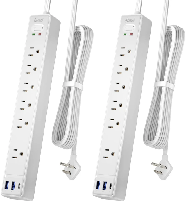 Main image of 2 Pack 6Ft Extension Cord, Flat Plug Surge Protector Power Strip Charging Station with 6 Outlets & 3 USB Ports, Wall Mountable Outlet Extender for Home, Office, College Dorm Room Essentials