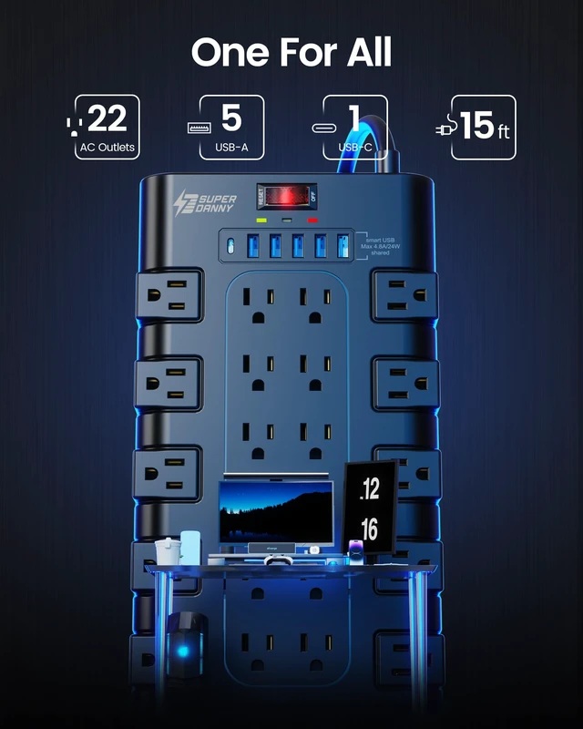 Alt view image 3 of 7 - Power Strip Surge Protector, 22 AC 6 USB, 2100J, 15Ft, 1875W/15A 5A1C, Heavy Duty Extension Cord with Multiple Outlets, Flat Plug Outlet Extender for Home, Office, Dorm, Gaming Room, Black