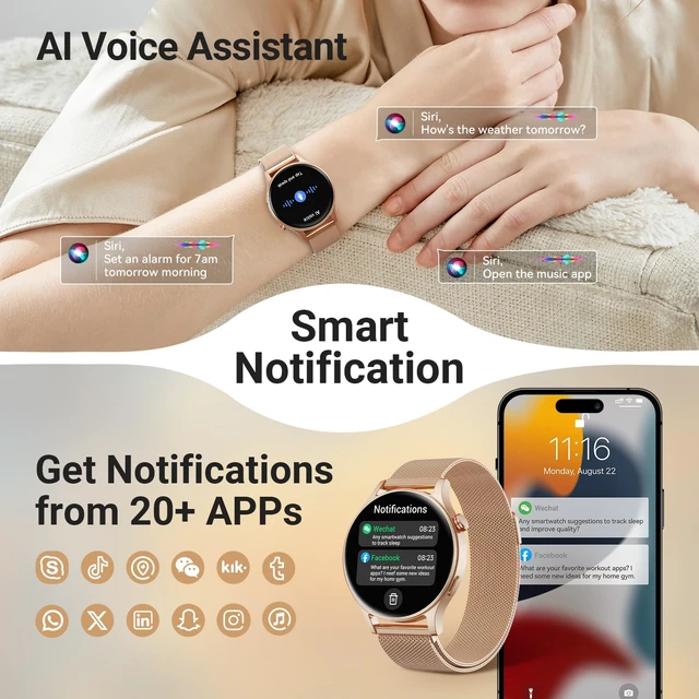 Alt view image 4 of 7 - Smart Watch for Women, Compatible with Android Phones iPhone (Bronze) Stainless Steel Band & Bezel, AMOLED Display, Touchscreen, Make/Answer Calls, 3ATM Waterproof, Fitness Tracker
