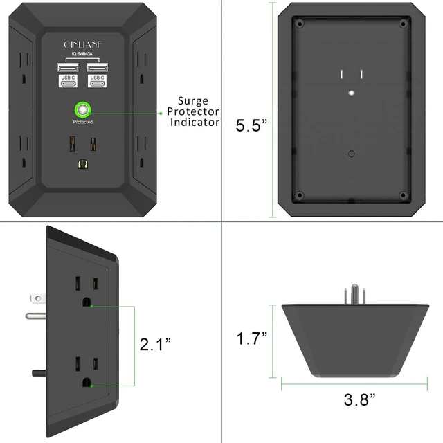Alt view image 7 of 7 - Surge Protector, 5 Outlet Extender with 4 USB Ports(2USB-C) 1680 Joules, 3-Sided Power Strip, Multi Plug Wall Outlet Adapter Spaced for Home, Black
