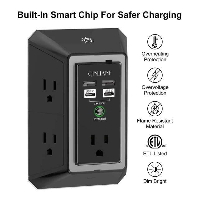 Alt view image 2 of 7 - Surge Protector, 5 Outlet Extender with 4 USB Ports(2USB-C) 1680 Joules, 3-Sided Power Strip with Night Light, Multi Plug Wall Outlet Adapter Spaced for Home Travel Office, Black