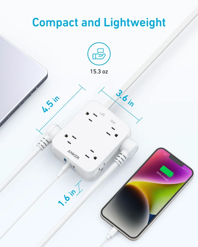 Alt view image 5 of 7 - Power Strip with 2000J Surge Protector, 10ft Outlet Extender, 20W 8AC (Pack of 2)