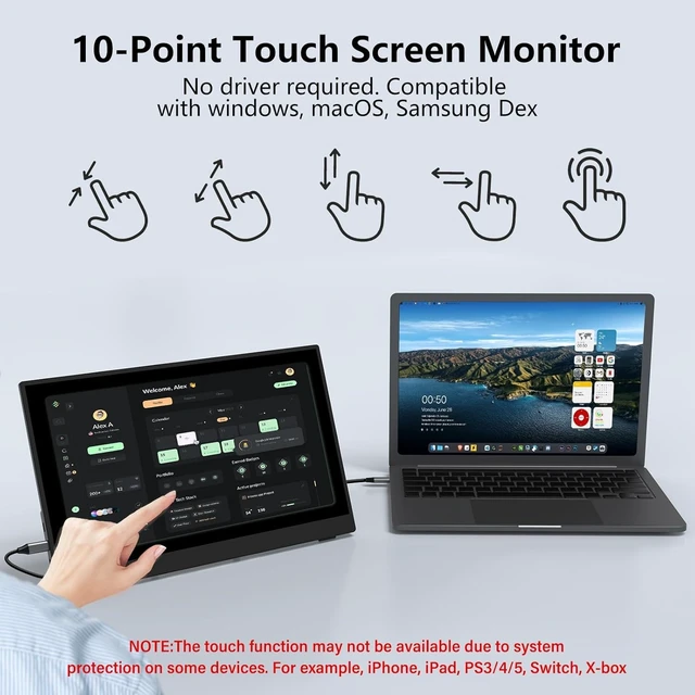 Alt view image 3 of 7 - Portable Monitor Touchscreen 15.6" 1080P 10-Point Touch Screen Monitors Portable with Protective Sleeve Built-in Stand, 1200:1 HDMI USB C Travel Monitor for Laptop, PC, Mac, Phone, Switch