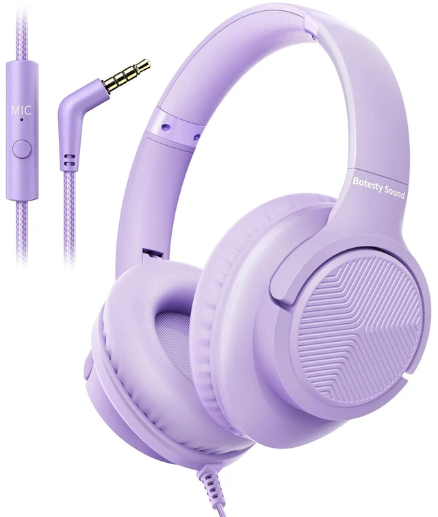 Main image of Headphones Wired with Microphone for School, 3.5mm Corded Headphone, Purple Wired Over Ear Foldable Plug in Headphones, 4.9ft Tangle-Free Nylon Cord for School, Tablet, Laptop, MP3/4, Airplane Travel