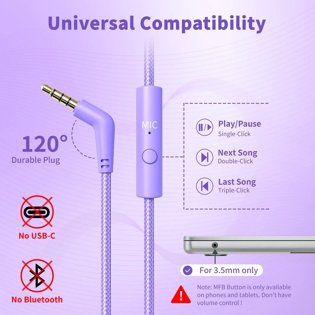 Alt view image 2 of 7 - Headphones Wired with Microphone for School, 3.5mm Corded Headphone, Purple Wired Over Ear Foldable Plug in Headphones, 4.9ft Tangle-Free Nylon Cord for School, Tablet, Laptop, MP3/4, Airplane Travel