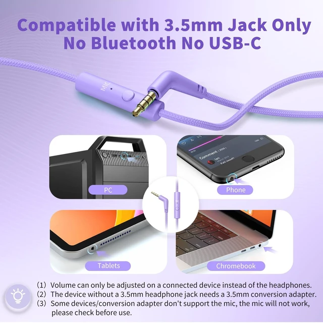 Alt view image 3 of 7 - Headphones Wired with Microphone for School, 3.5mm Corded Headphone, Purple Wired Over Ear Foldable Plug in Headphones, 4.9ft Tangle-Free Nylon Cord for School, Tablet, Laptop, MP3/4, Airplane Travel