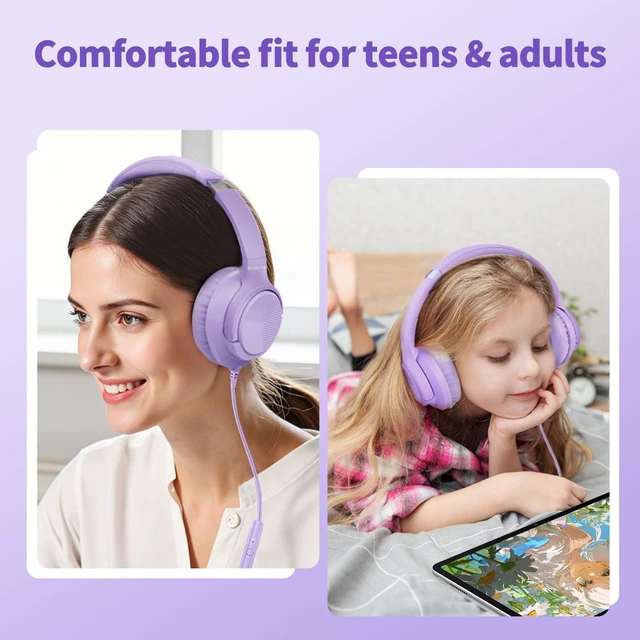 Alt view image 4 of 7 - Headphones Wired with Microphone for School, 3.5mm Corded Headphone, Purple Wired Over Ear Foldable Plug in Headphones, 4.9ft Tangle-Free Nylon Cord for School, Tablet, Laptop, MP3/4, Airplane Travel