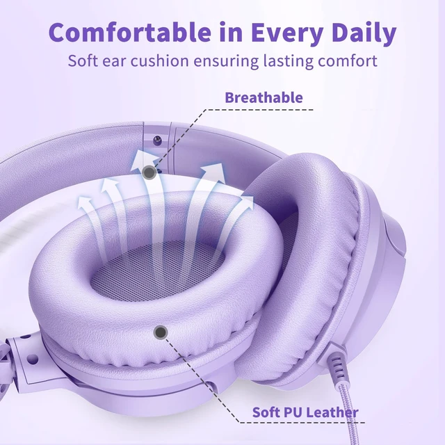 Alt view image 6 of 7 - Headphones Wired with Microphone for School, 3.5mm Corded Headphone, Purple Wired Over Ear Foldable Plug in Headphones, 4.9ft Tangle-Free Nylon Cord for School, Tablet, Laptop, MP3/4, Airplane Travel