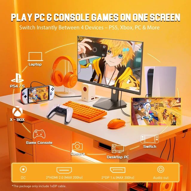 Alt view image 4 of 7 - Gaming Monitor 27 inch 1440p 200Hz 180Hz Computer Monitor 1ms Fast IPS, WQHD, FreeSync Premium, Brightness 400Nits, 130% sRGB, 10Bits, HDR, ErgoStand, VESA Mount, 2×DP 1.2 & 2×HDMI