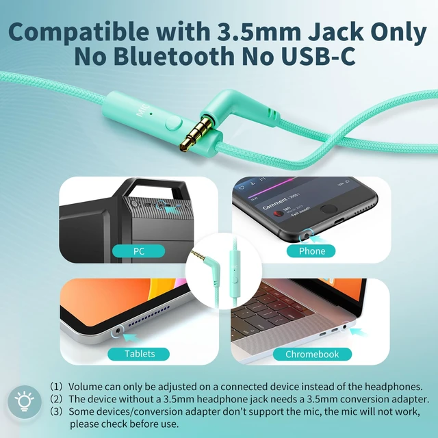Alt view image 3 of 7 - Headphones Wired with Microphone for School, 3.5mm Corded Headphones, Green Wired Over Ear Foldable Plug in Headphones, 4.9ft Tangle-Free Nylon Cord for School, Tablet, Laptop, MP3/4, Airplane Travel