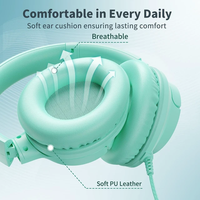 Alt view image 6 of 7 - Headphones Wired with Microphone for School, 3.5mm Corded Headphones, Green Wired Over Ear Foldable Plug in Headphones, 4.9ft Tangle-Free Nylon Cord for School, Tablet, Laptop, MP3/4, Airplane Travel
