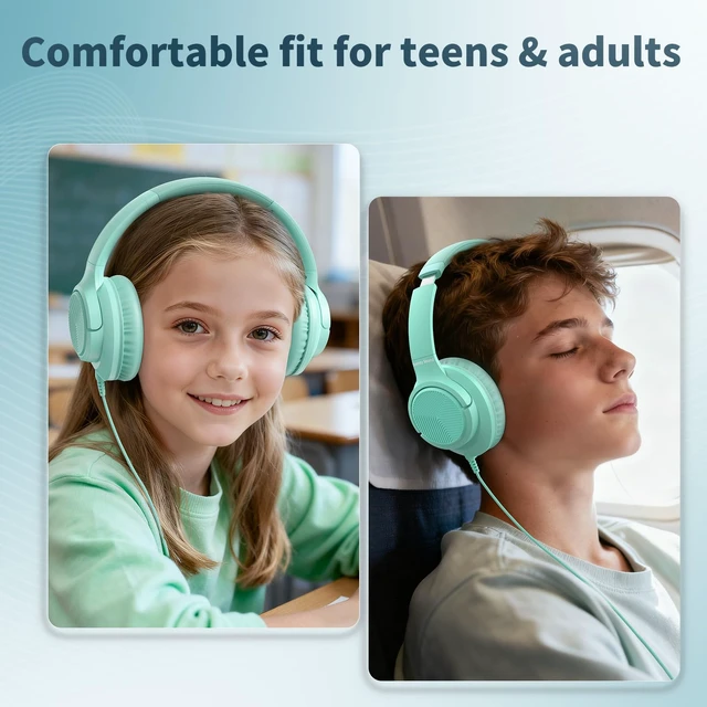Alt view image 5 of 7 - Headphones Wired with Microphone for School, 3.5mm Corded Headphones, Green Wired Over Ear Foldable Plug in Headphones, 4.9ft Tangle-Free Nylon Cord for School, Tablet, Laptop, MP3/4, Airplane Travel