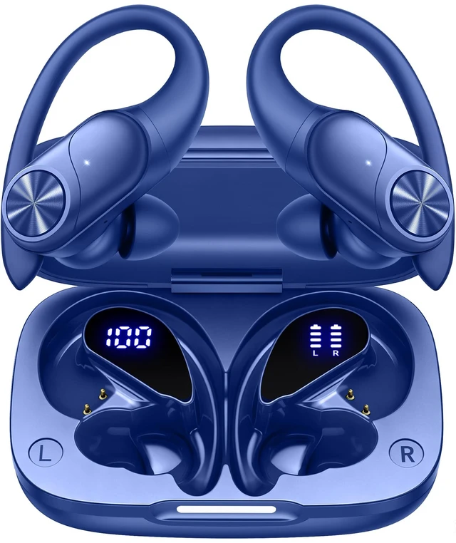 Main image of Bluetooth Headphones Wireless Earbuds 80hrs Playtime Wireless Charging Case Digital Display Sports Ear Buds with Earhook Deep Bass IPX7 Waterproof Over-Ear Earphones for TV Phone Laptop Navy