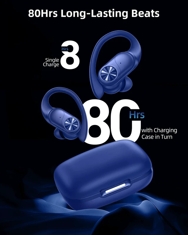 Alt view image 2 of 6 - Bluetooth Headphones Wireless Earbuds 80hrs Playtime Wireless Charging Case Digital Display Sports Ear Buds with Earhook Deep Bass IPX7 Waterproof Over-Ear Earphones for TV Phone Laptop Navy