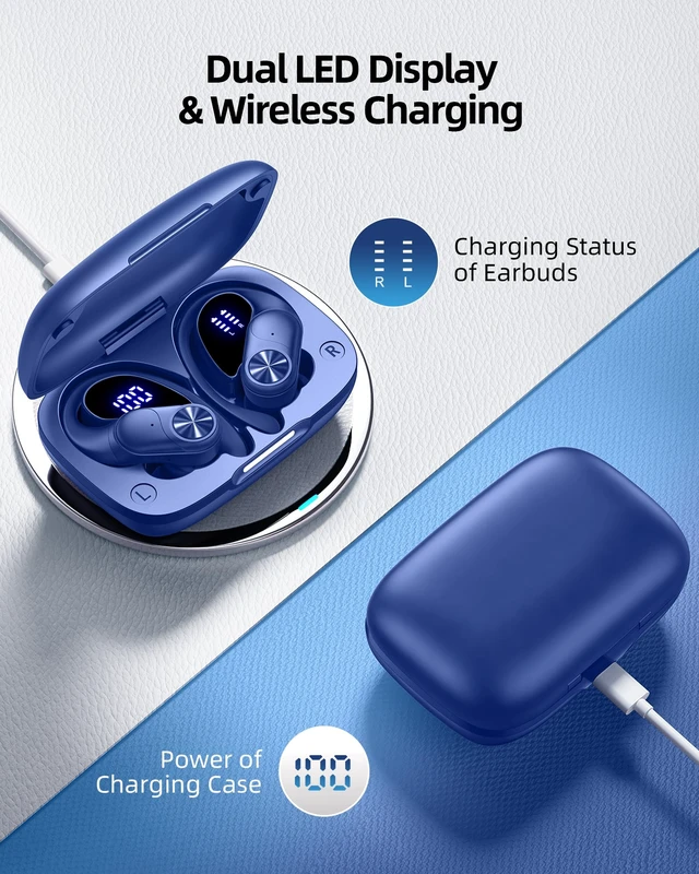 Alt view image 3 of 6 - Bluetooth Headphones Wireless Earbuds 80hrs Playtime Wireless Charging Case Digital Display Sports Ear Buds with Earhook Deep Bass IPX7 Waterproof Over-Ear Earphones for TV Phone Laptop Navy