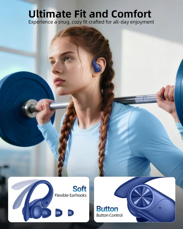 Alt view image 6 of 6 - Bluetooth Headphones Wireless Earbuds 80hrs Playtime Wireless Charging Case Digital Display Sports Ear Buds with Earhook Deep Bass IPX7 Waterproof Over-Ear Earphones for TV Phone Laptop Navy
