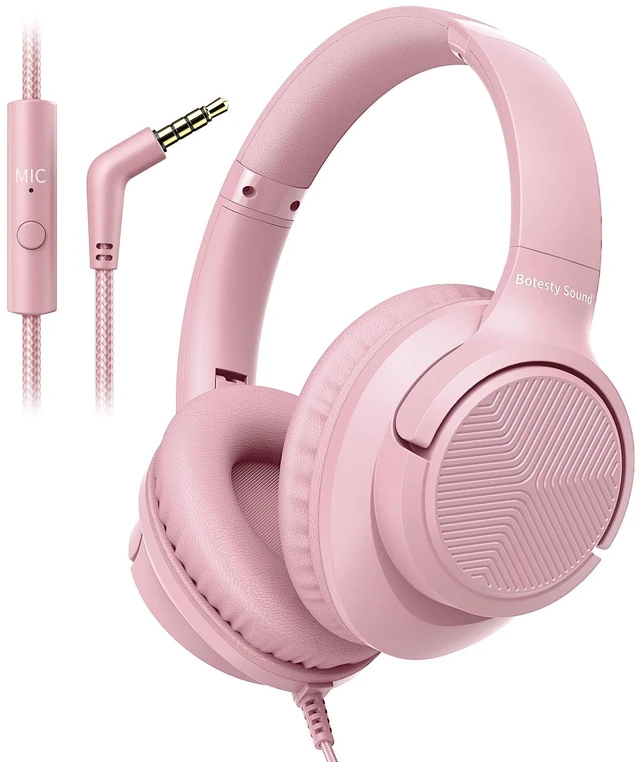 Main image of Wired Headphones with Microphone for School, 3.5mm Corded Headphones, Pink Wired Over Ear Foldable Plug in Headphones, 4.9ft Tangle-Free Nylon Cord for School, Tablet, Laptop, MP3/4, Airplane Travel