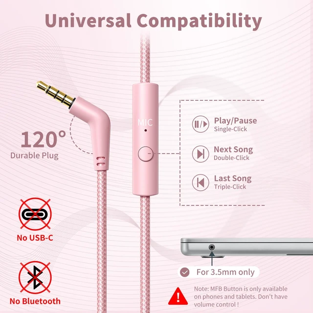Alt view image 2 of 7 - Wired Headphones with Microphone for School, 3.5mm Corded Headphones, Pink Wired Over Ear Foldable Plug in Headphones, 4.9ft Tangle-Free Nylon Cord for School, Tablet, Laptop, MP3/4, Airplane Travel