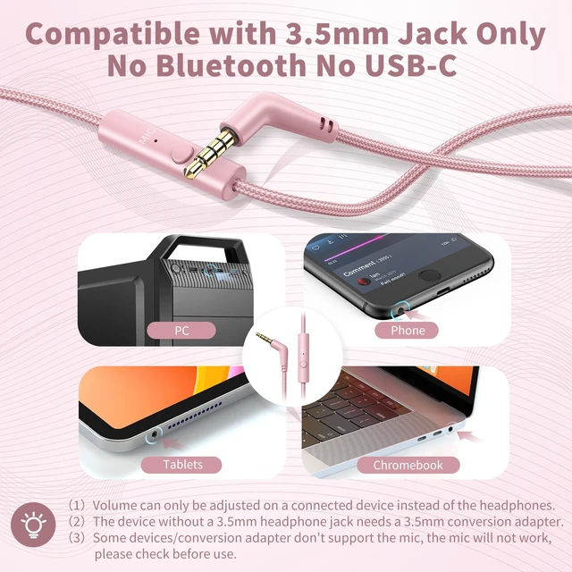 Alt view image 3 of 7 - Wired Headphones with Microphone for School, 3.5mm Corded Headphones, Pink Wired Over Ear Foldable Plug in Headphones, 4.9ft Tangle-Free Nylon Cord for School, Tablet, Laptop, MP3/4, Airplane Travel