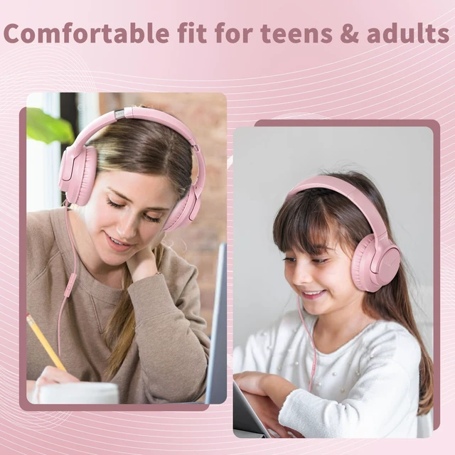 Alt view image 4 of 7 - Wired Headphones with Microphone for School, 3.5mm Corded Headphones, Pink Wired Over Ear Foldable Plug in Headphones, 4.9ft Tangle-Free Nylon Cord for School, Tablet, Laptop, MP3/4, Airplane Travel
