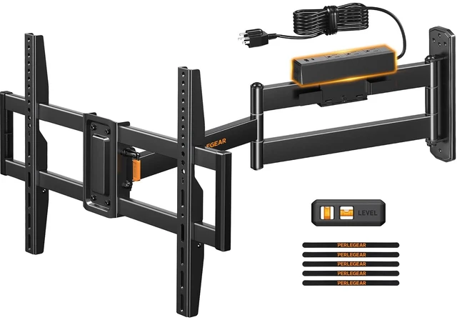Main image of Long Arm Full Motion TV Mount with Power Strip for 3875 inch TVs Corner tv mount power strip with surge protection, 31.5 inch extension, 100 lbs, swivel, tilt, level, max VESA 600x400mm