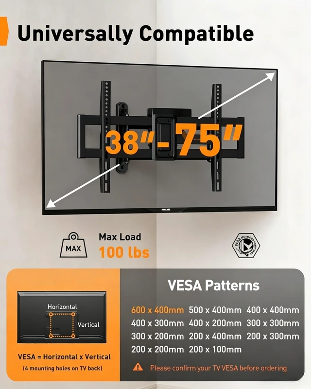 Alt view image 2 of 7 - Long Arm Full Motion TV Mount with Power Strip for 3875 inch TVs Corner tv mount power strip with surge protection, 31.5 inch extension, 100 lbs, swivel, tilt, level, max VESA 600x400mm