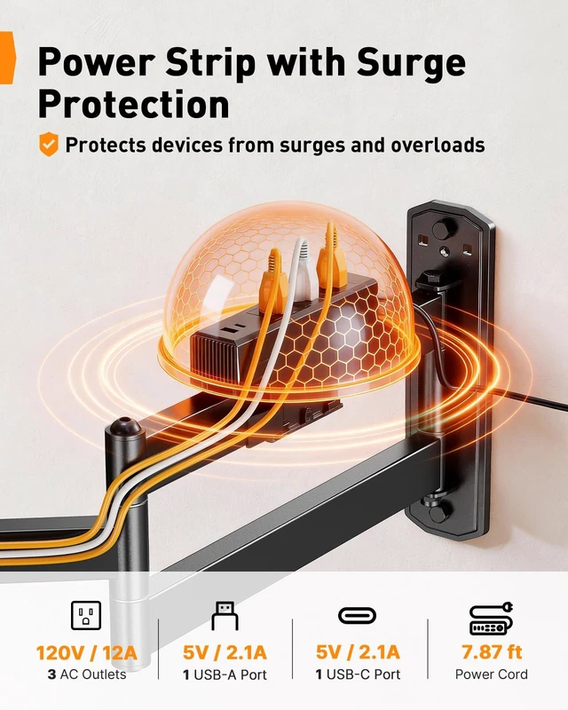 Alt view image 4 of 7 - Long Arm Full Motion TV Mount with Power Strip for 3875 inch TVs Corner tv mount power strip with surge protection, 31.5 inch extension, 100 lbs, swivel, tilt, level, max VESA 600x400mm