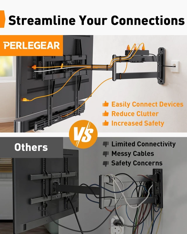 Alt view image 5 of 7 - Long Arm Full Motion TV Mount with Power Strip for 3875 inch TVs Corner tv mount power strip with surge protection, 31.5 inch extension, 100 lbs, swivel, tilt, level, max VESA 600x400mm