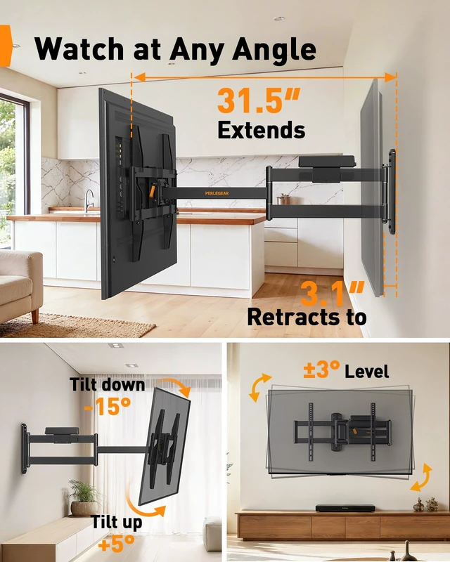 Alt view image 7 of 7 - Long Arm Full Motion TV Mount with Power Strip for 3875 inch TVs Corner tv mount power strip with surge protection, 31.5 inch extension, 100 lbs, swivel, tilt, level, max VESA 600x400mm