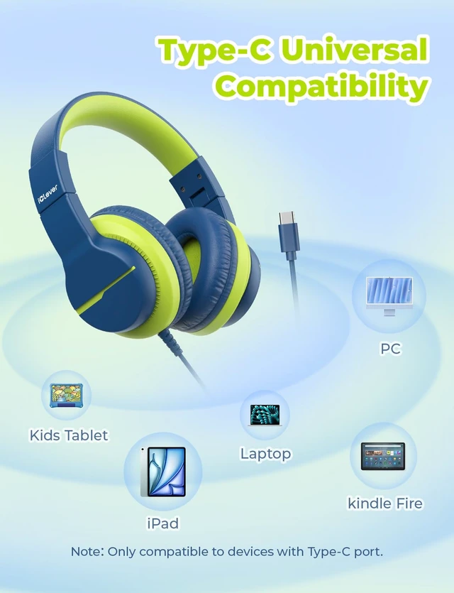 Alt view image 5 of 6 - HS19S Kids Headphones USB C, Over-Ear for Toddler Boys Girls School SafeSound Tech, Stereo Sound, Kids Headphones with Cord, Durable Foldable 3.5mm Wired Headphone for iPad/Tablet/Travel