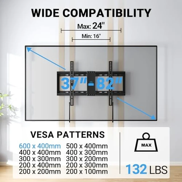 Alt view image 2 of 7 - Fixed TV Wall Mount Bracket for 32-82 Inch LED, LCD, and OLED Flat Screen TVs - Fits 16- 24 Wood Studs, Fixed TV Mount with VESA 600 x 400mm Holds up to 132 lbs, PSLLK1 (Pack of 2)