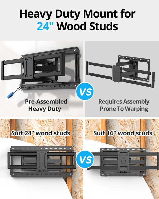 Alt view image 4 of 7 - Full Motion Swivel Tilt TV Wall Mount Bracket 75 85 86 inch TVs Pre-Assembled Full Tube Heavy Duty TV Mount 150lbs 24" Stud ±45° Swivel Tool-free Tilt +5°/-15° ±4° level 2.52-16.1" extend