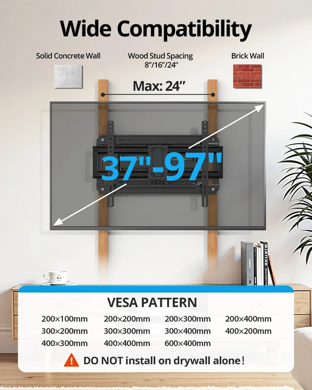 Alt view image 5 of 7 - Full Motion Swivel Tilt TV Wall Mount Bracket 75 85 86 inch TVs Pre-Assembled Full Tube Heavy Duty TV Mount 150lbs 24" Stud ±45° Swivel Tool-free Tilt +5°/-15° ±4° level 2.52-16.1" extend