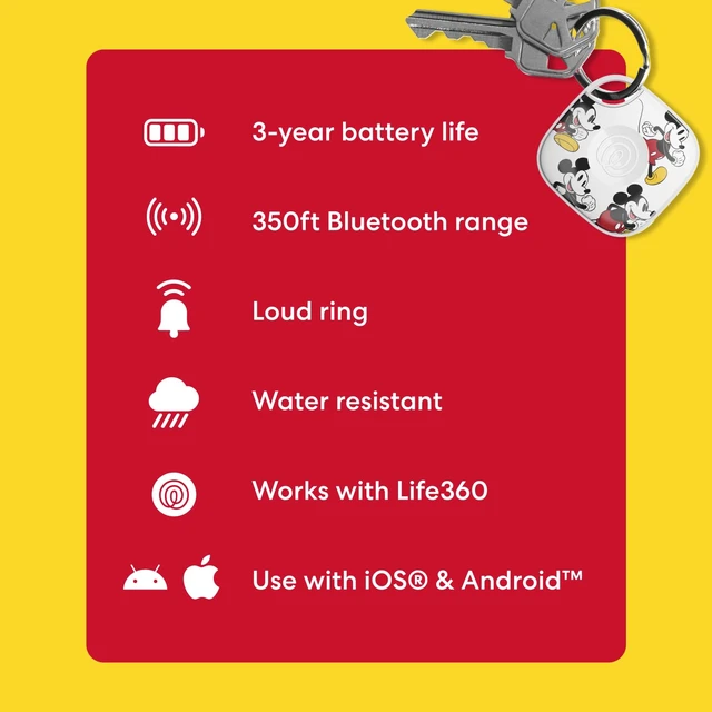 Alt view image 5 of 5 - Tile - Mickey Mouse - Bluetooth Tracker, Keys Finder and Item Locator for Keys, Bags and More. Phone Finder. Both iOS and Android Compatible. 1-Pack (White)