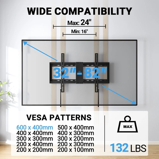 Alt view image 2 of 7 - Fixed TV Wall Mount for 3282 inch TVs up to 132 lbs 1.2 low profile, quick lock & release pull cords, heavy-duty steel, fits 16/18/24 wood studs, max VESA 600x400mm