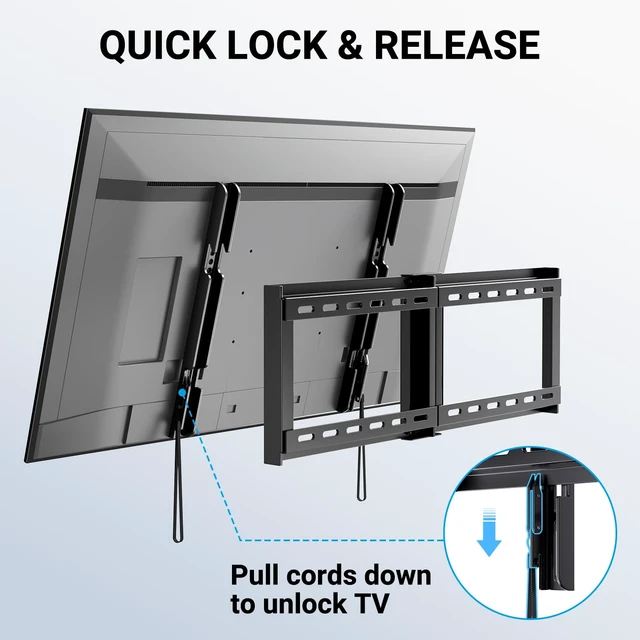 Alt view image 5 of 7 - Fixed TV Wall Mount for 3282 inch TVs up to 132 lbs 1.2 low profile, quick lock & release pull cords, heavy-duty steel, fits 16/18/24 wood studs, max VESA 600x400mm